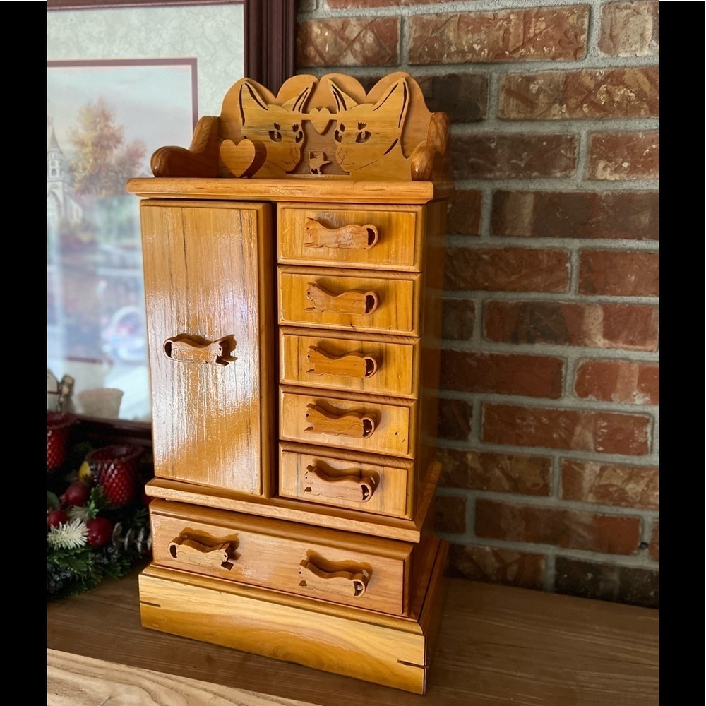 Rare Vintage Large Solid Wood Hand
Carved Cat Lovers Dream Jewlery
Armoire